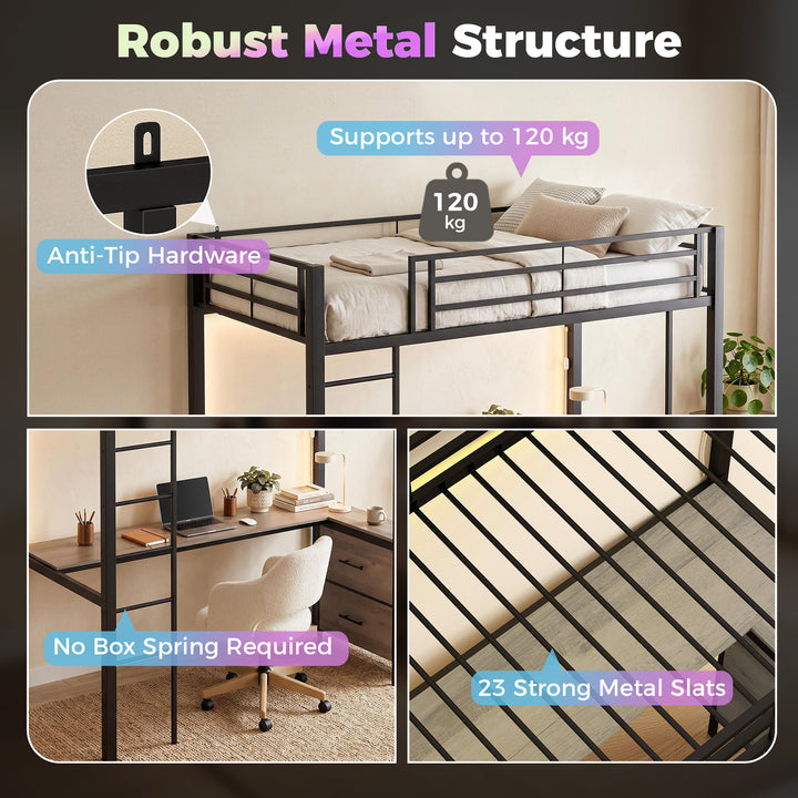 Metal Bunk Bed with Desk, High Sleeper Bed with LED Light and Safety G