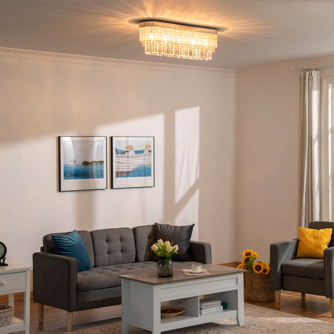 MCL Modern Raindrop Crystal Chandelier, Round Rectangular hanging Ceiling Light, Linear Hanging Lighting with Stainless Steel Base, for Restaurant Kitchen Island Dining Room Hotel, Silver