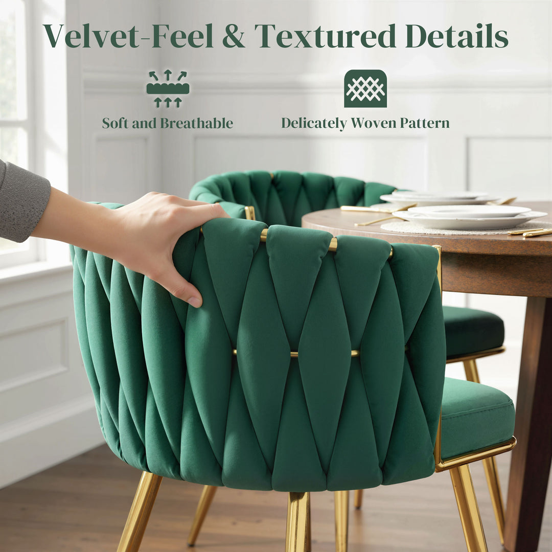 Velvet-Feel Dining Chairs Set of 2, Modern Upholstered Kitchen Chairs with Woven Backrest and Armrests, Metal Legs and Padded Seat for Dining Room, Bedroom, Living Room