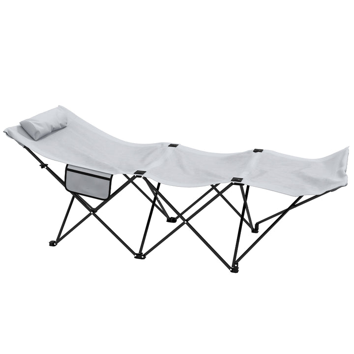 Outsunny Portable Sun Lounger: Foldable Outdoor Sunbed with Side Pocket & Headrest, Light Grey Oxford Fabric | Aosom UK