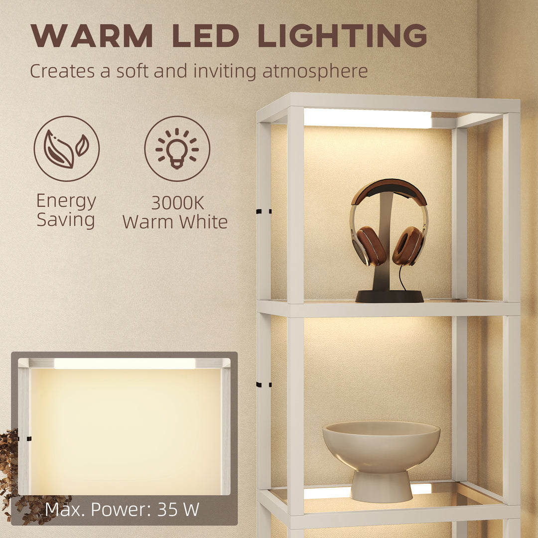 LED Floor Lamp with Glass Shelves, 4 Layers Dimmable Tall Standing Lamp, Modern Column Shelf Floor Light for Living Room, Bedroom, Office, Oak