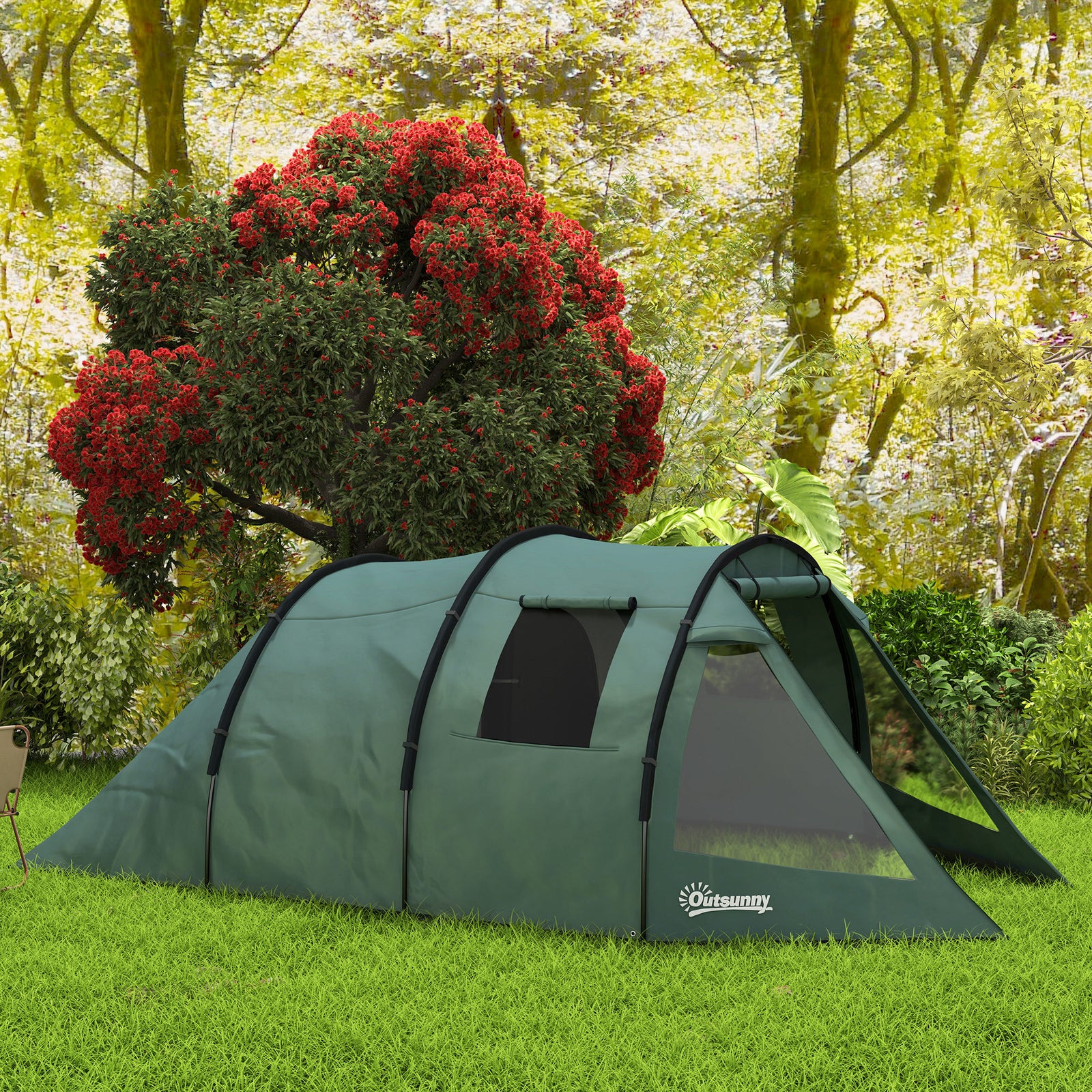 Two Room Tunnel Tent Camping Tent for 3-4 Man with Windows, Covers, Carry Bag, for Fishing, Hiking, Sports, Green