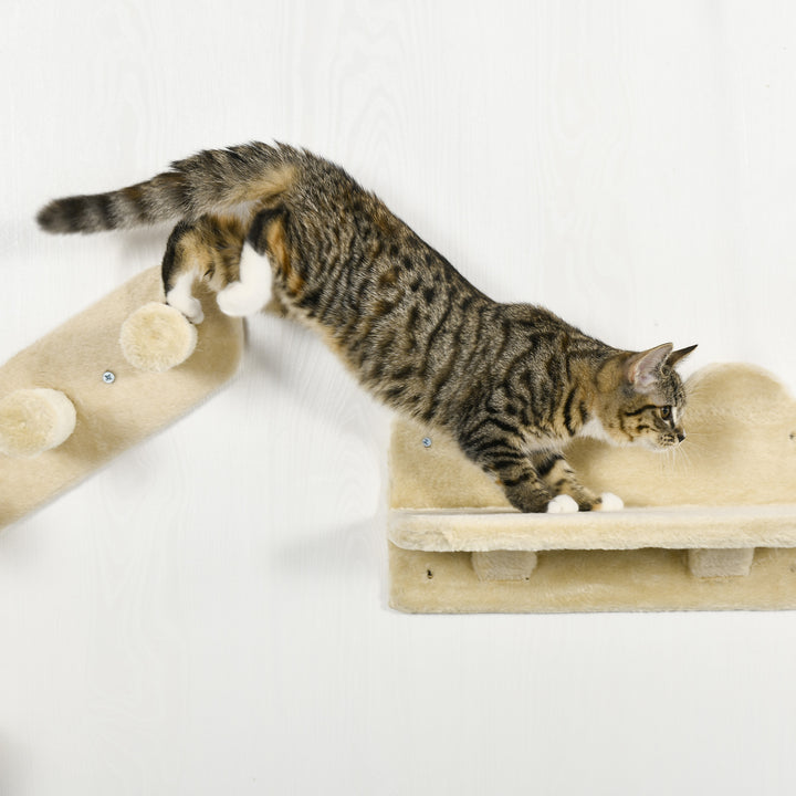 PawHut Wall-mounted Cat Shelves Set, Climbing Activity Centre with Hammock, Scratching Post & Jumping Platform for Kittens, Beige | Aosom UK