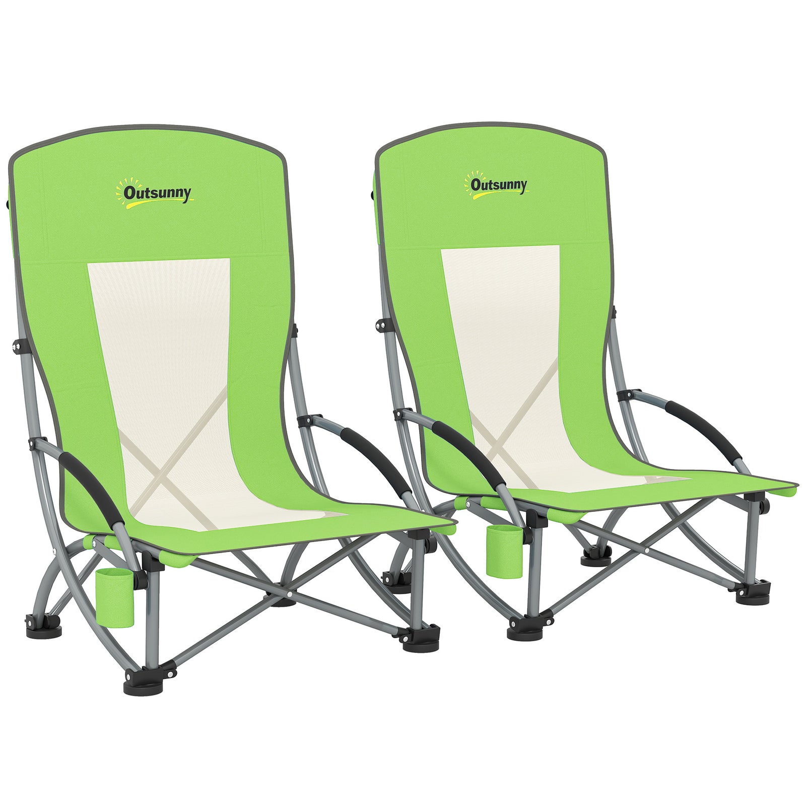 Set of 2 Folding Beach Chair, Low Camping Chair with Mesh Back, Carry Bag and Cup Holder for Garden Outdoor Picnic Festival Travel, Green
