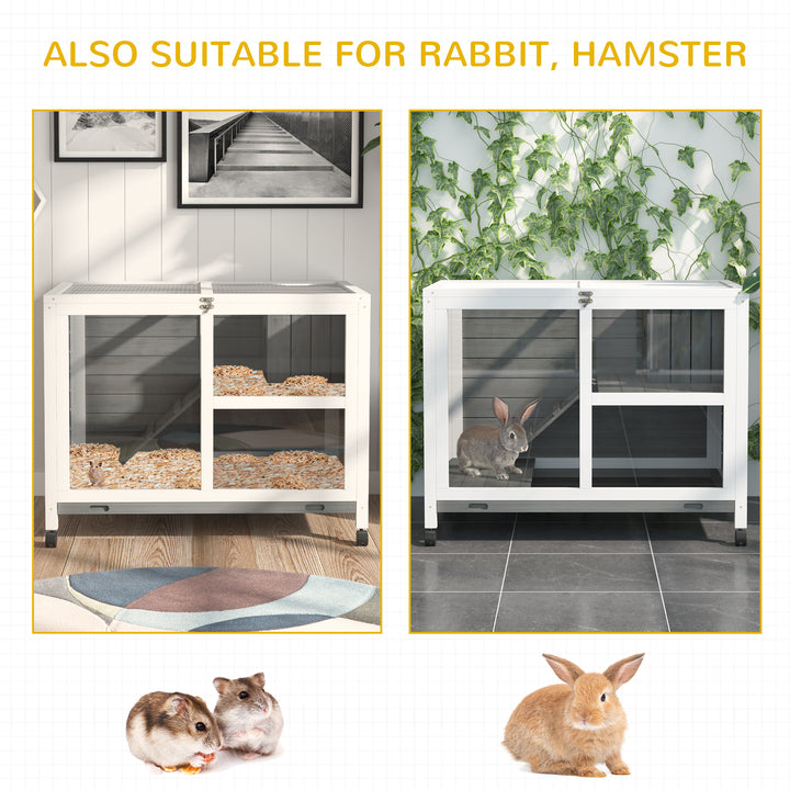 PawHut Wooden Rabbit Hutch Guinea Pigs House Bunny Small Animal Cage w/ Pull-out Tray Openable Roof Wheels 91.5 x 53.3 x 73 cm | Aosom UK