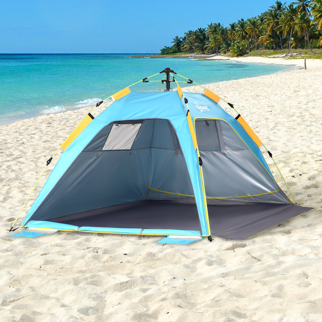 Outsunny Pop-up Beach Tent: UV Protection Sun Shelter for 1-2 People, Ventilated Mesh Windows & Sandbags, Light Blue | Aosom UK