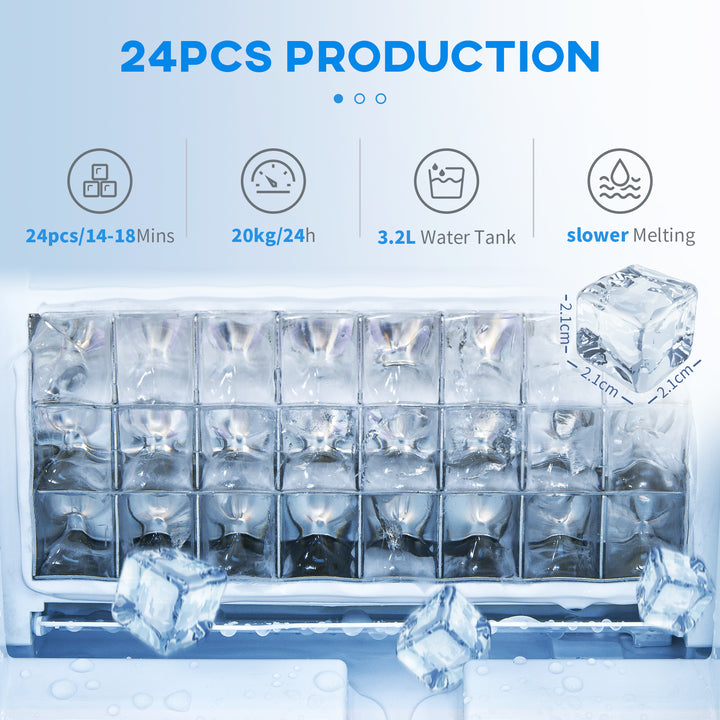 HOMCOM Ice Maker Machine, Counter Top Ice Cube Maker for Home, 20kg in 24 Hrs, 3.2L w/ Adjustable Cube Size, Self Cleaning Function | Aosom UK