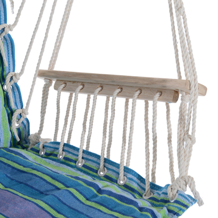 Hanging Rope Chair with Soft Padded Seat & Backrest, Portable Garden Hammoc Chair with Wooden Support Bar, Armrests, Cotton Cloth, Footrest, for Patio & Tree, Blue