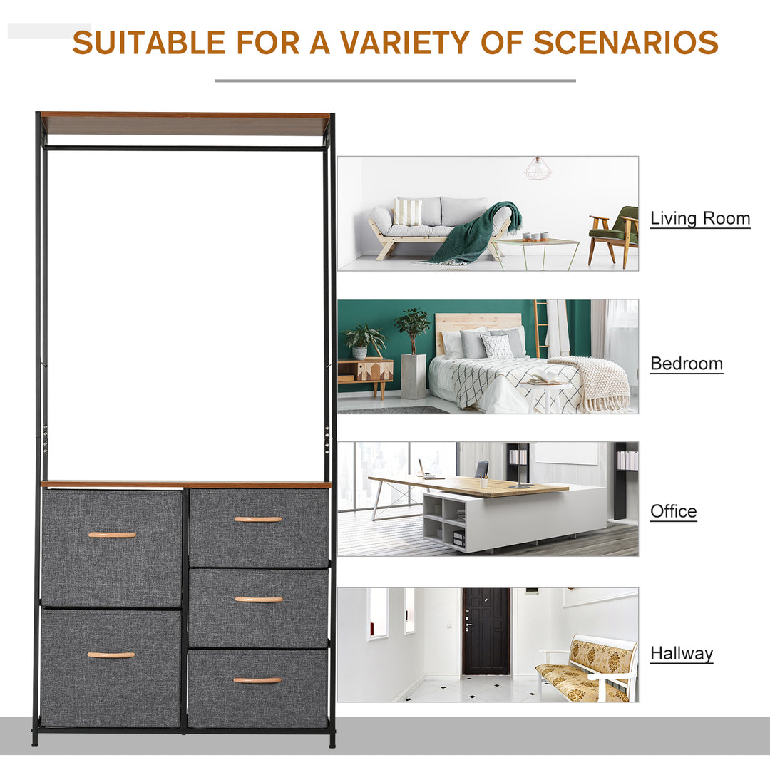 HOMCOM Wardrobe Dresser: Steel-Framed Storage with 5 Drawers, Coat Rack for Bedroom & Hallway, Black/Brown | Aosom UK