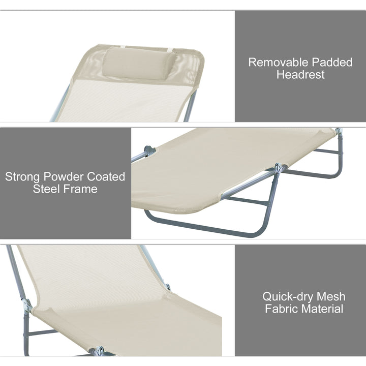 Outdoor Foldable Sun Lounger, Adjustable Backrest Garden Recliner Sun Lounger Chair with Headrest Pillow, Beige