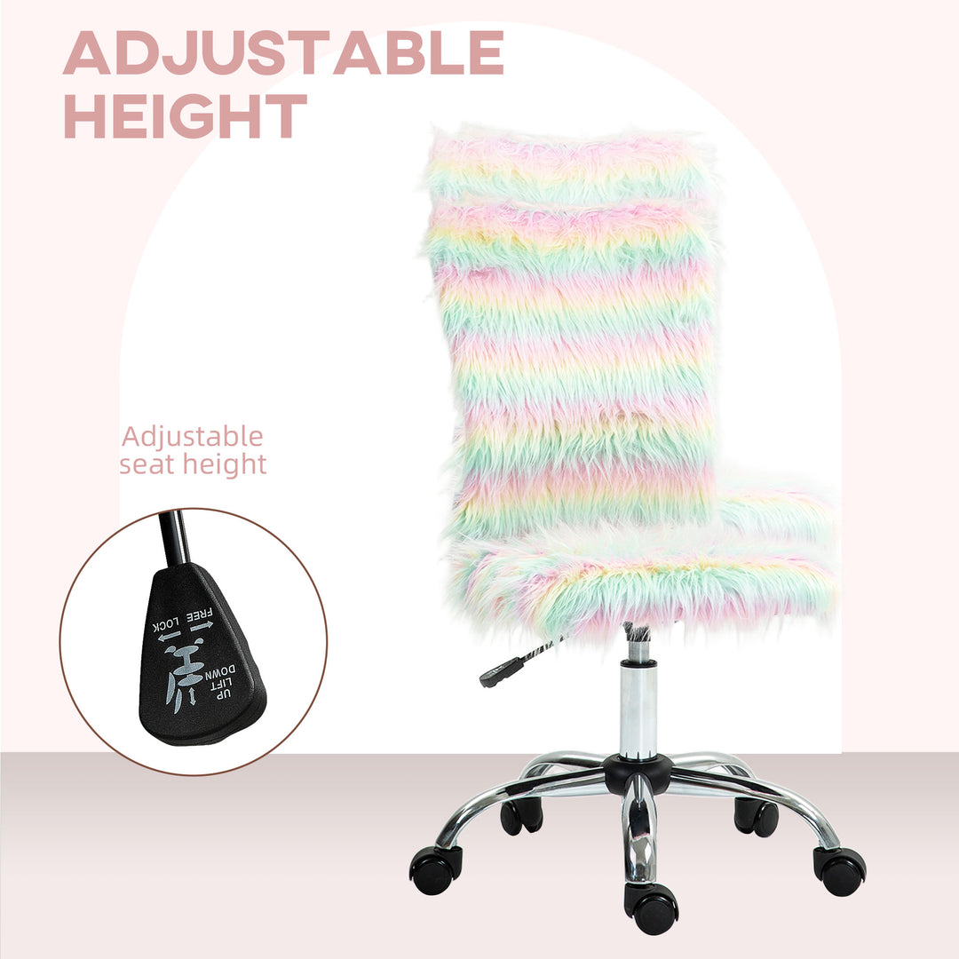 Fluffy Desk Chair, Armless Students Chair, Makeup Vanity Chair with Adjustable Height, Rolling Wheels for Home Study Bedroom, Unicorn Tone