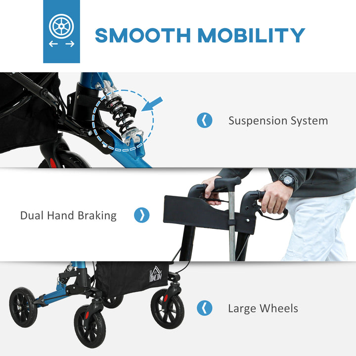 Folding Rollator Walker with Seat, Backrest, Lightweight Walking Frame with Storage Bag, Dual Brakes, Adjustable Handle Height, Suspension System, 4 Wheeled Walker for Seniors, Blue