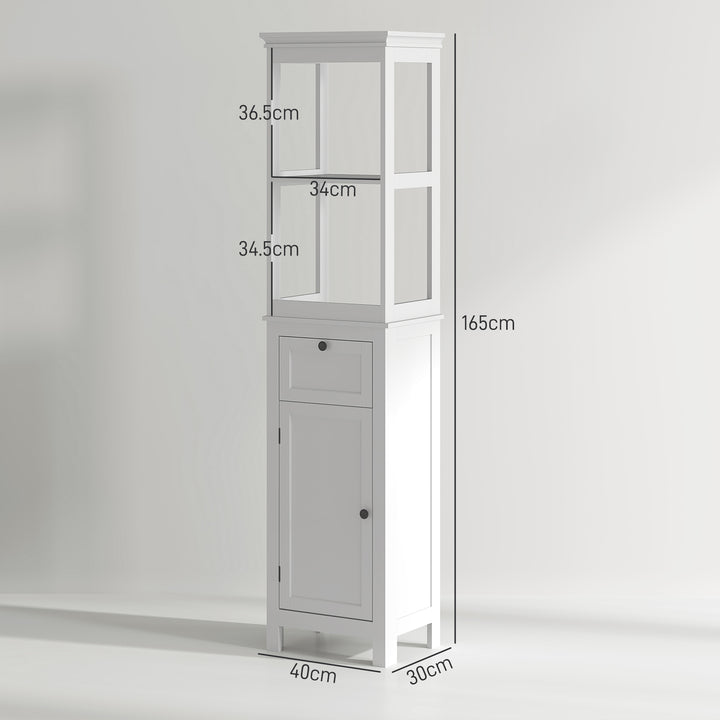 Tall Bathroom Cabinet, Slim Bathroom Storage Cabinet with 2 Open Shelves, Soft Close Door and Drawer, Adjustable Shelf, Narrow Cupboard Storage Unit, White