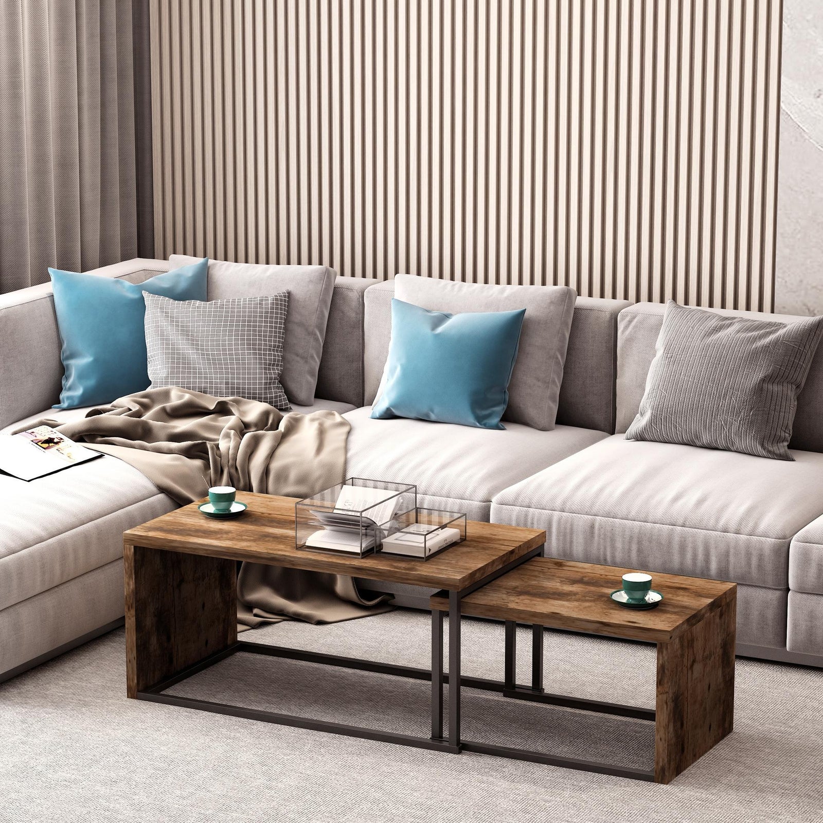 Coffee Tables Set of 2, Industrial Nest of Tables with Metal Frame for Living Room Bedroom, Rustic Brown