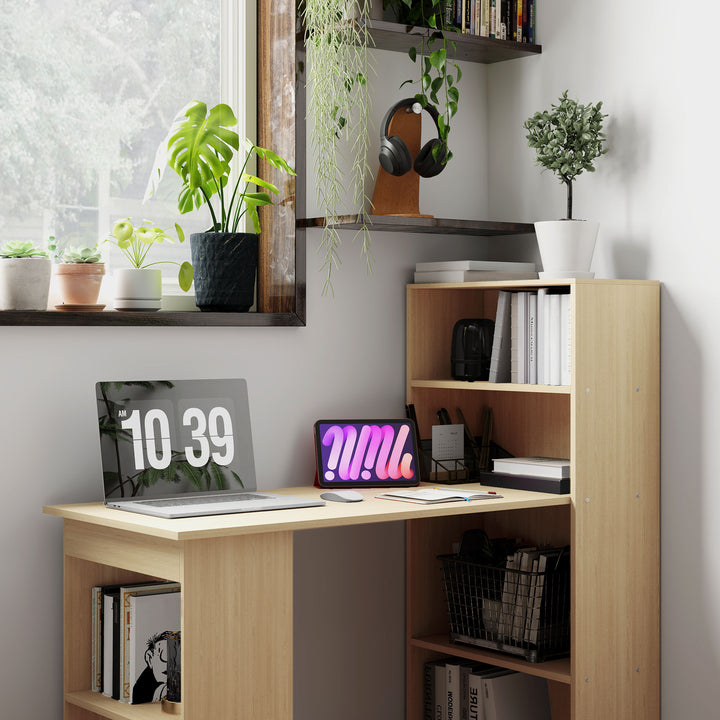 120cm Computer Desk, Wooden PC Laptop Table with 6-Tier Storage Bookshelves, Home Office Working Study Desk, Writing Workstation, Natural Wood