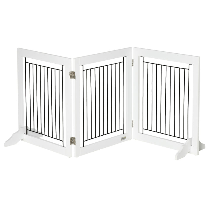 PawHut Dog Gate, Freestanding Pet Gate, Wooden Puppy Fence Foldable Design w/ 61 cm Height 3 Panels, 2 Support Feet, Doorway Stairs White | Aosom UK