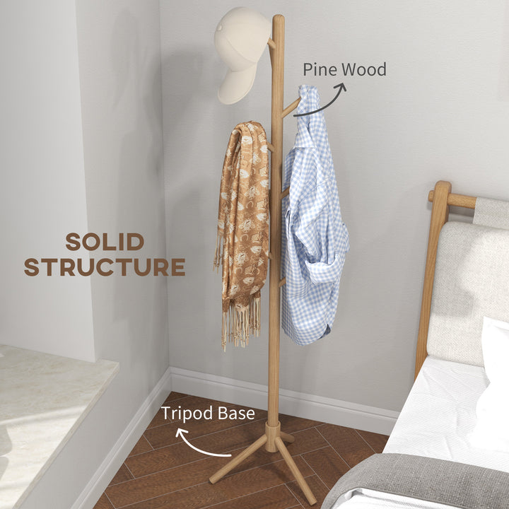 HOMCOM Eight-Hook Wooden Coat Rack - Natural | Aosom UK