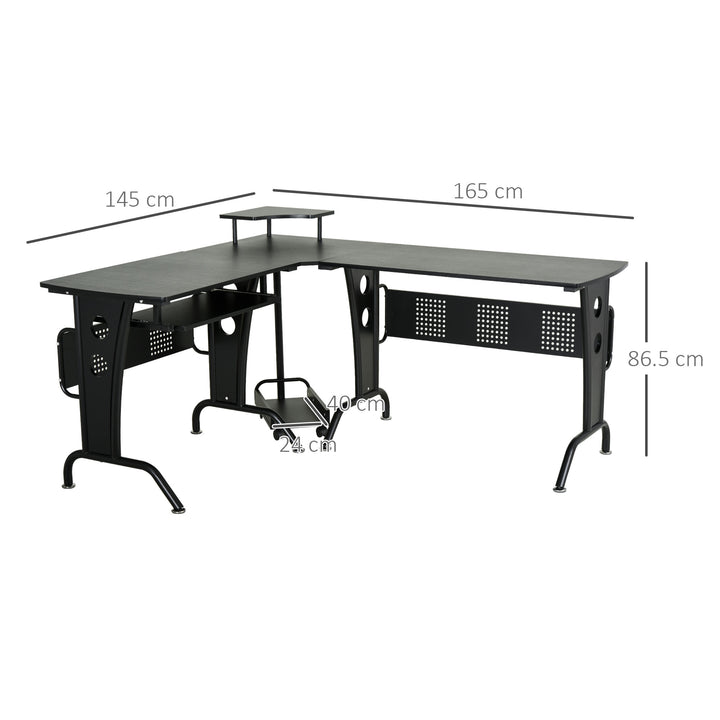 L-Shaped Corner Desk, Gaming Desk with CPU Rack, Keyboard Tray, Space-Saving Computer Desk with Steel Frame for Home Office,165 x 145 x 86.5cm, Black