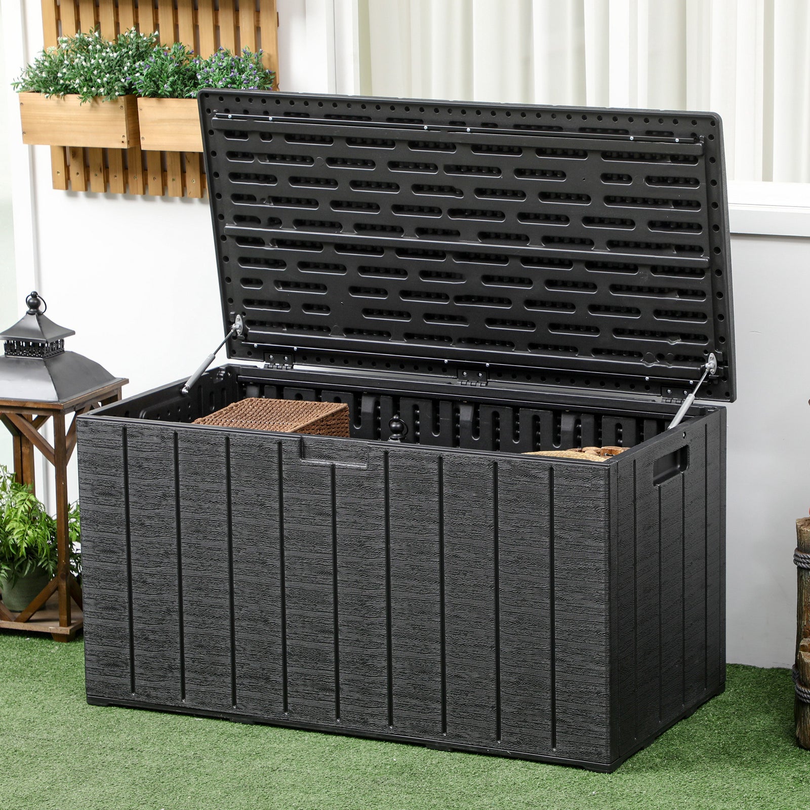 336 Litre Garden Storage Box, Water-resistant Heavy Duty Double Wall Plastic Container, Extra Large Outdoor Garden Furniture Organizer, Deck Cushion Chest with Wheels and Handles, Black