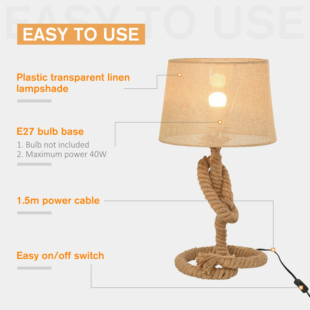 HOMCOM Nautical Style Rope-Base Table Lamp w/ Fabric Lampshade Metal Frame Power Switch Unique Lighting Furnishing Living Room Beige | Aosom UK