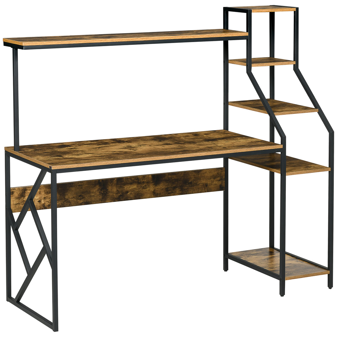Computer Desk with Bookshelf, Industrial Writing Table with 6 Tier Storage Shelves for Home Office, Bedroom, Study, 150 x 55 x 138cm, Rustic Brown