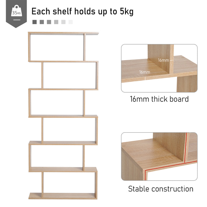Bookcase, 6 Tier Shelf S Shaped Bookshelf, Storage Unit, Display Shelf for Living Room, Bedroom, Home Office, Plant, Oak