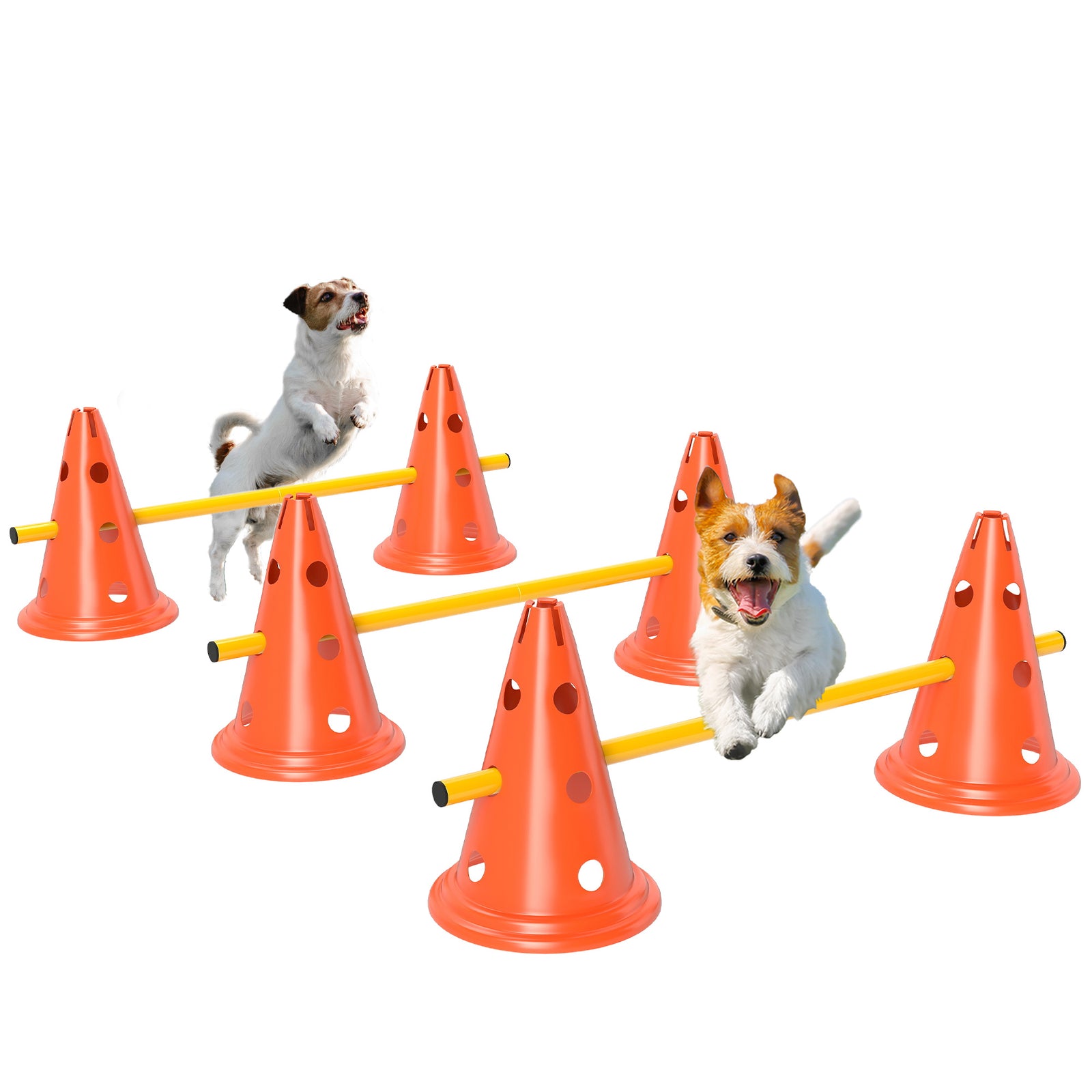 Dog Agility Equipment Set of Six Cones, Six Poles with Carry Bag, Three-Piece Adjustable Height Jumping Obstacles Orange
