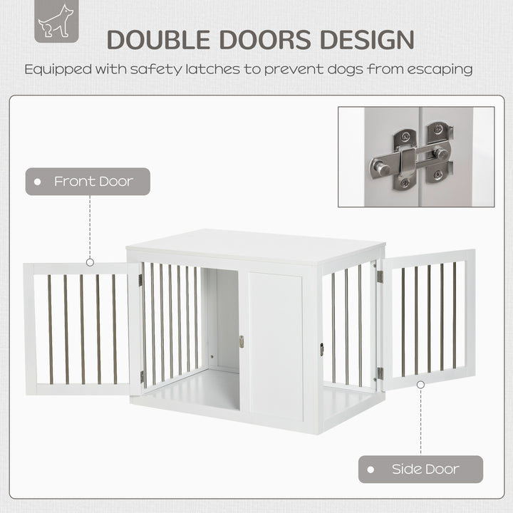 2-in-1 Dog Cage and Side Table, with Two Lockable Doors, for Medium Dogs - White
