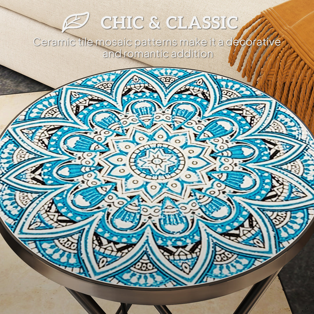 Mosaic Outdoor Garden Table, 35.5cm Round Folding Coffee Table with Metal Frame for Balcony Terrace, Blue