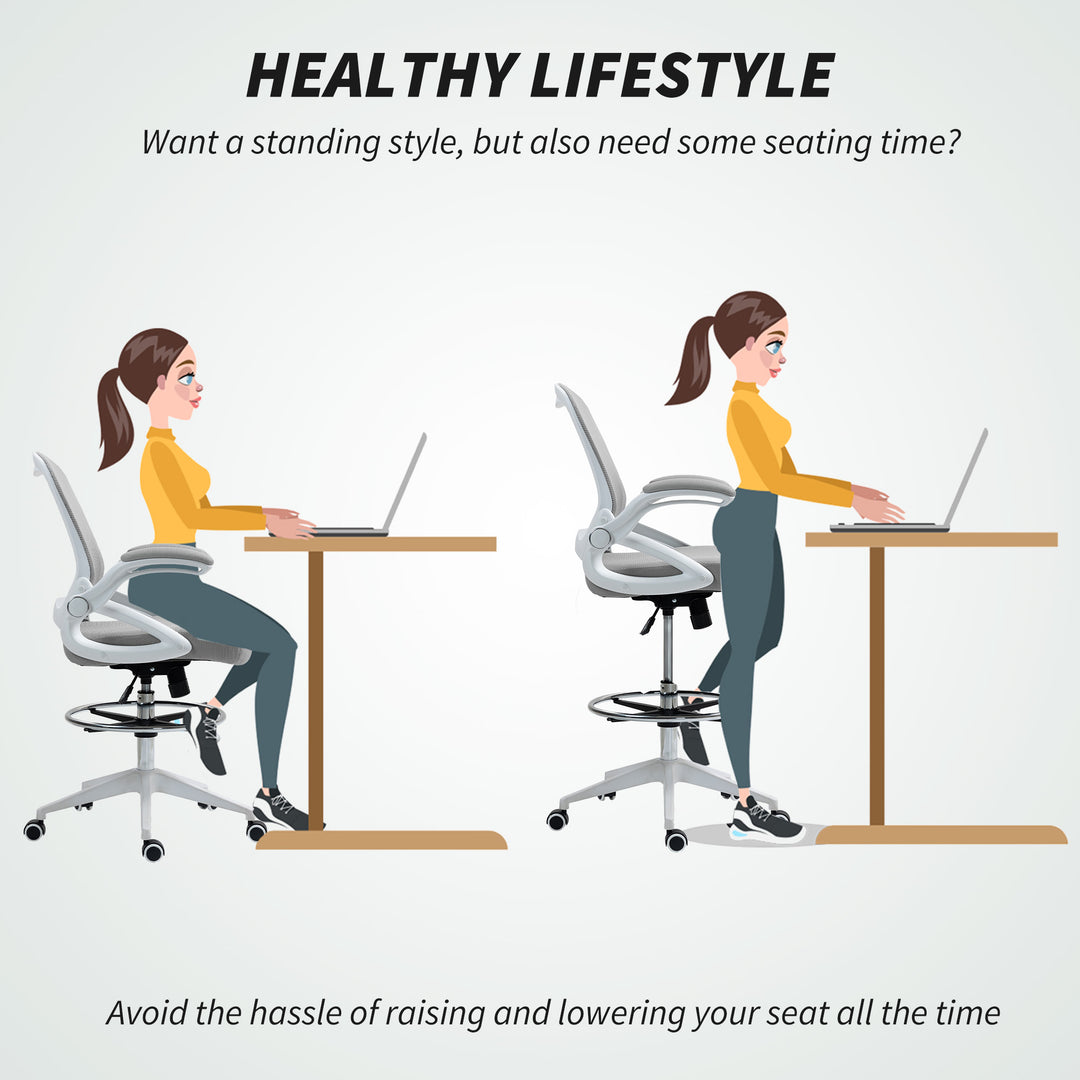 Drafting Chair with Flip-up Armrest, Mesh Office Stool with Foot Ring, 360 Degree Swivel Height Adjustable Chair for Standing Desk, Light Grey
