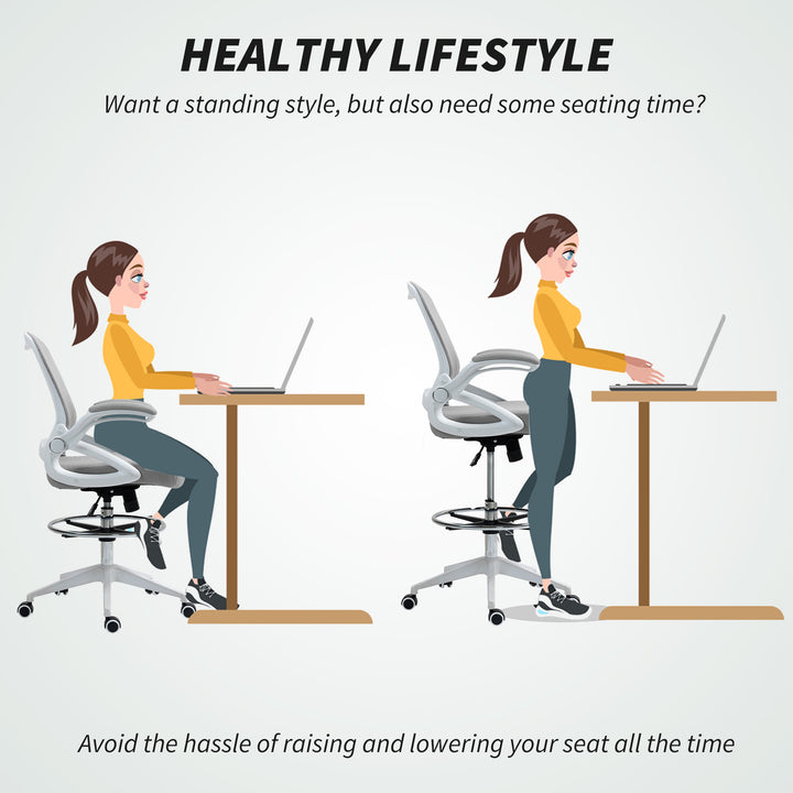 Drafting Chair with Flip-up Armrest, Mesh Office Stool with Foot Ring, 360 Degree Swivel Height Adjustable Chair for Standing Desk, Light Grey