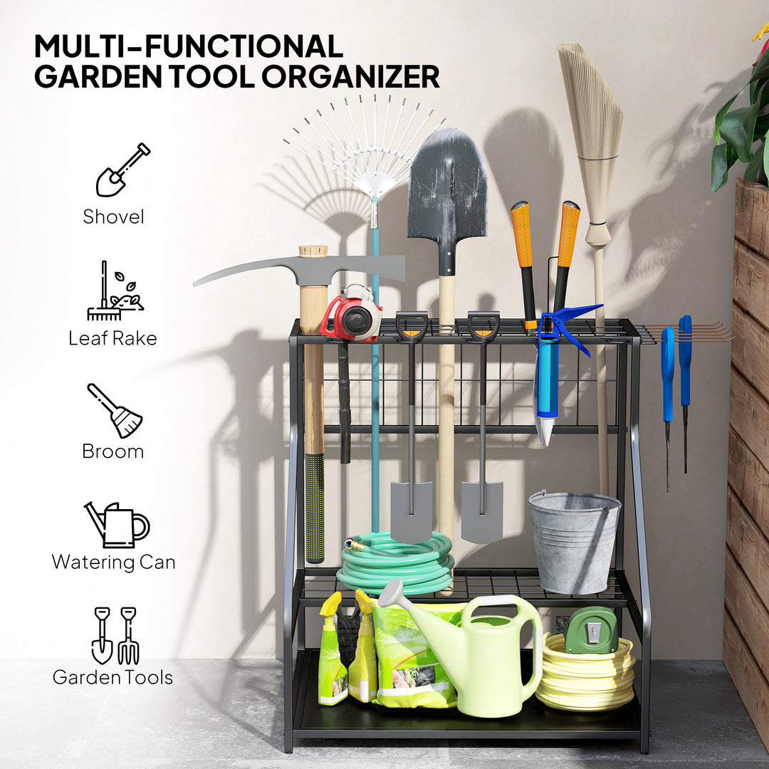 Garden Tool Storage Rack, 3-Tier Garden Tool Rack with 11 Hooks for Lo