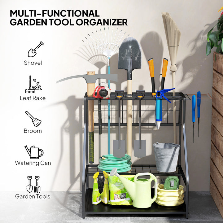 Garden Tool Storage Rack, 3-Tier Garden Tool Rack with 11 Hooks for Lo