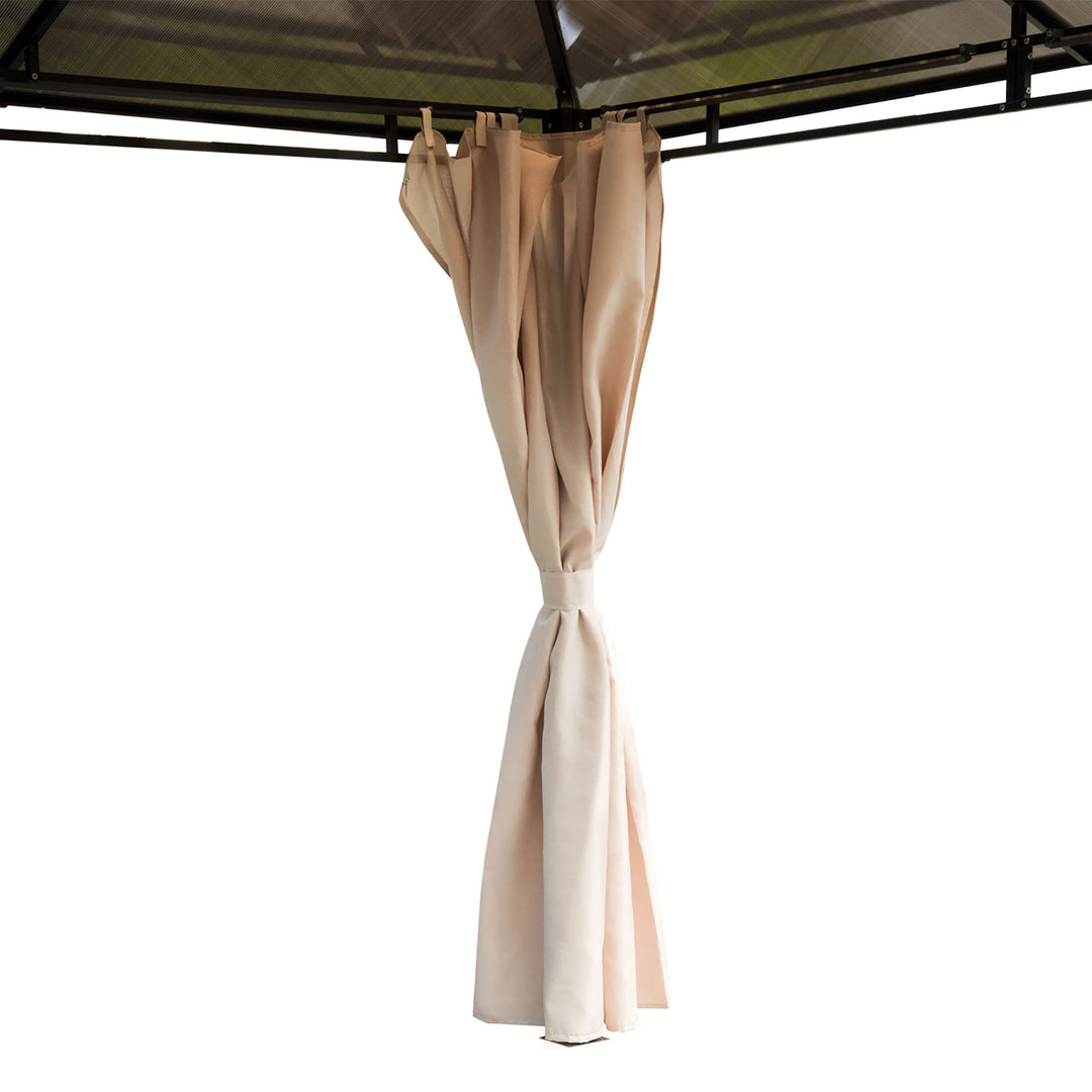 MCL 3 x 3.6m Hardtop Gazebo Canopy with Polycarbonate Roof Garden Pavilion with Removable Curtains and Steel Frame, Brown