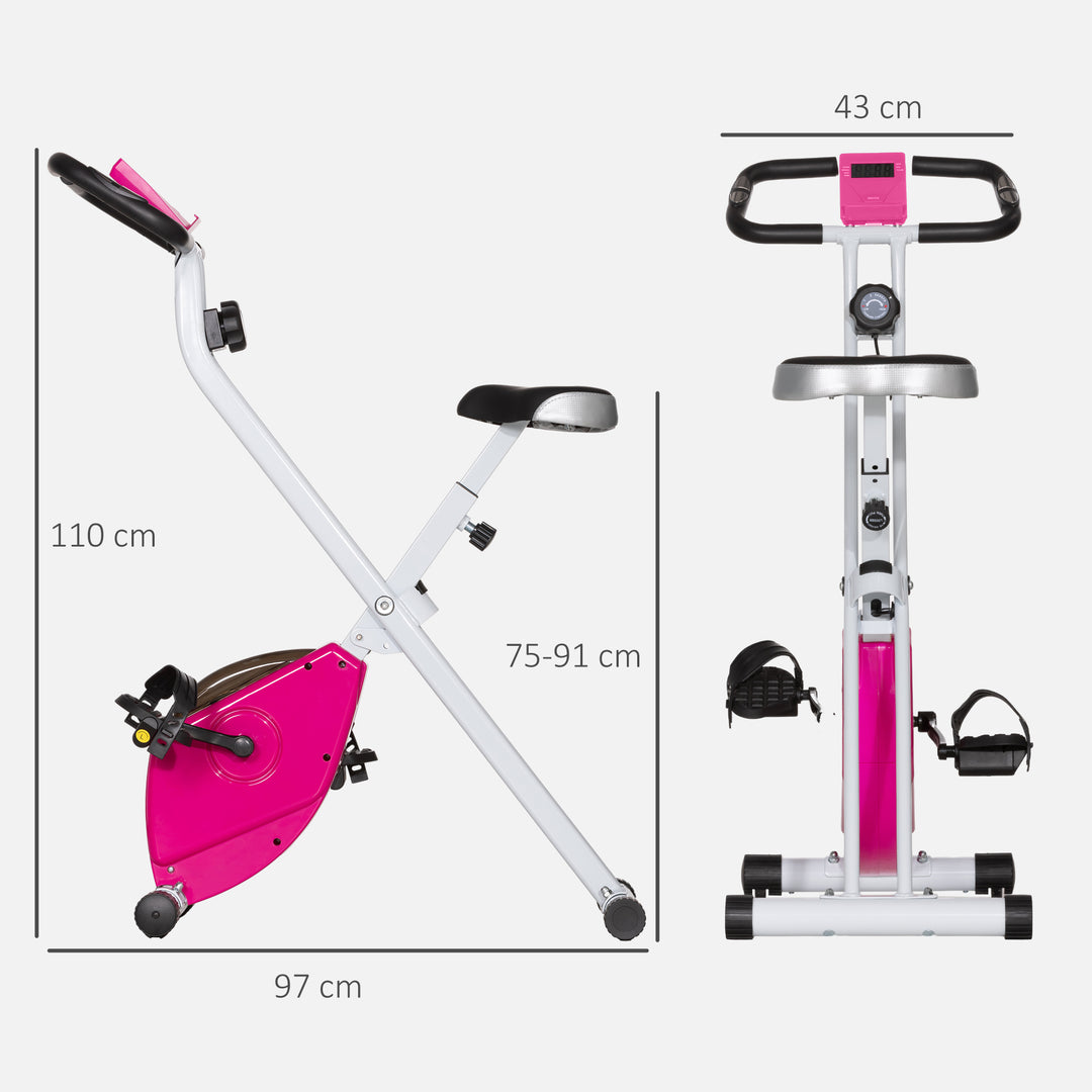 Folding and Quiet Exercise Bike with 8-Level Magnetic Resistance and Heart Rate Sensor, for Home Gym, Pink and White