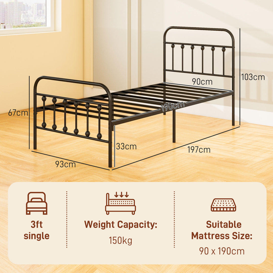 HOMCOM 3ft Single Platform Bed Frame with Underbed Storage Tall Headboard Steel Slat No Box Spring Needed Easy Assembly Black