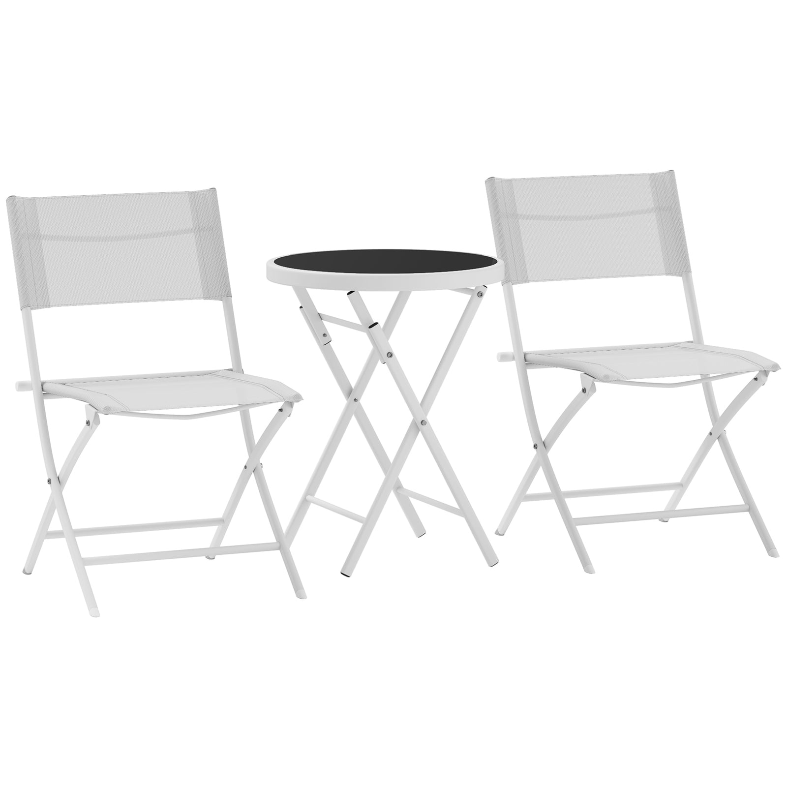 3 Pieces Outdoor Bistro Set, Glass Top Outdoor Table and 2 Folding Chairs with Protecting Feet, White