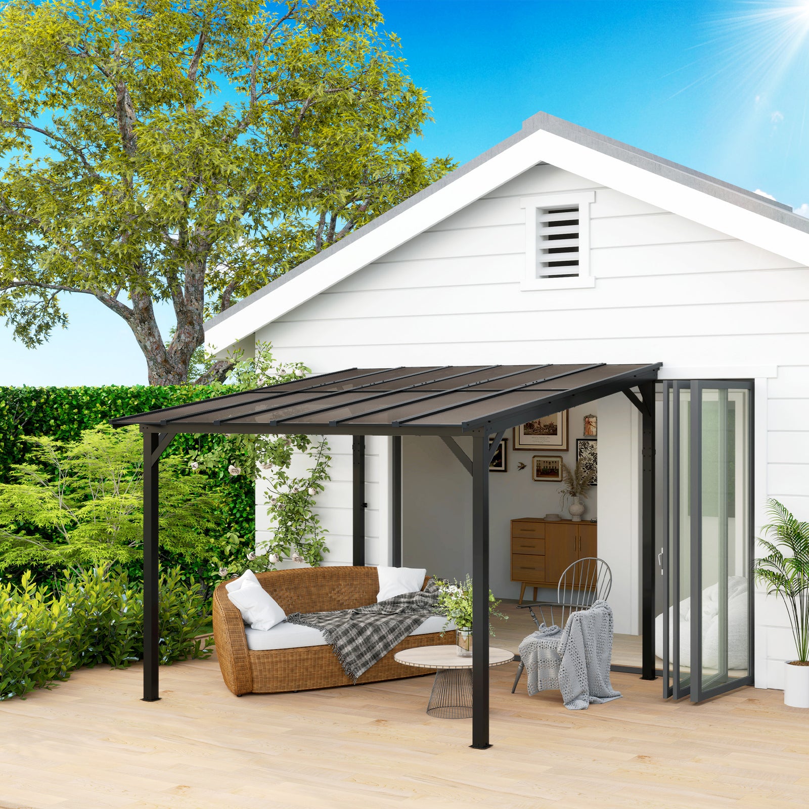 3 x 3(m) Metal Pergola with UPF 50+ and Waterproof Polycarbonate Roof, Wall-Mounted or Free Standing Garden Gazebo, Wind-resistant Outdoor Sun Shade, Dark Grey