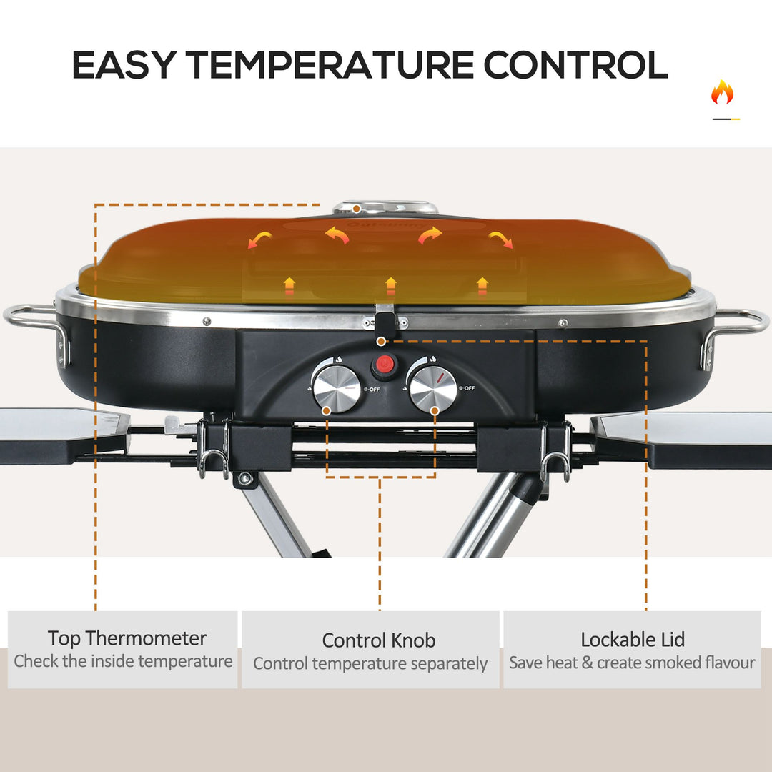 MCL Foldable Gas BBQ Grill 2 Burner Garden Barbecue Trolley w/ Lid Side Shelves Storage Pocket Piezo Ignition Thermometer, Aluminium Alloy