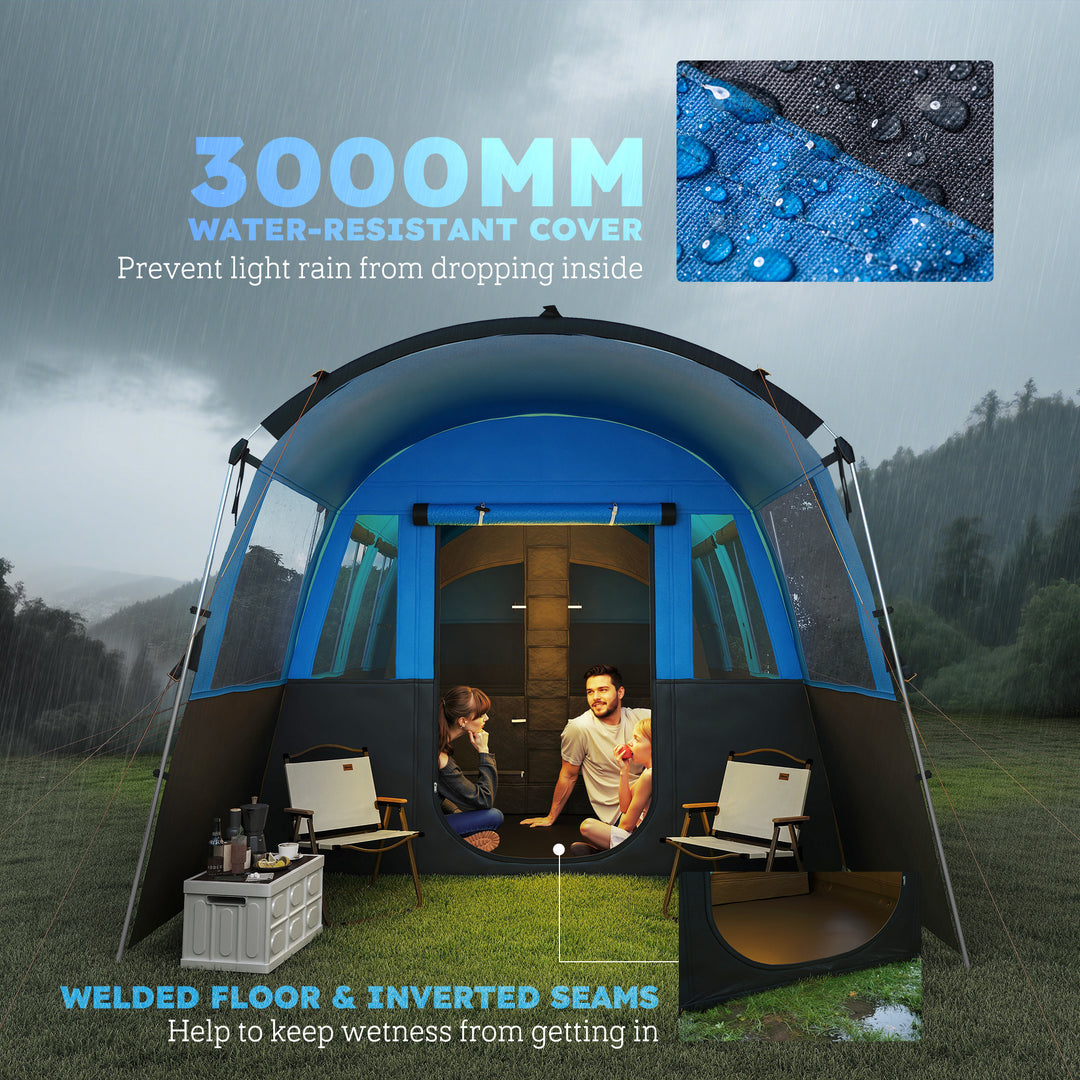 8-Person Camping Tent, Waterproof Family Tent, Tunnel Design, 4 Large Windows, Sleeping Cabins 3000mm Water Column Blue