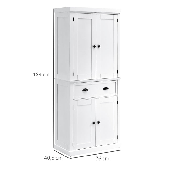 Freestanding Kitchen Cupboard, 184cm Tall Storage Cabinet with Doors and Shelves, Traditional Colonial 4-Door Kitchen Pantry Cupboard with Drawer, White