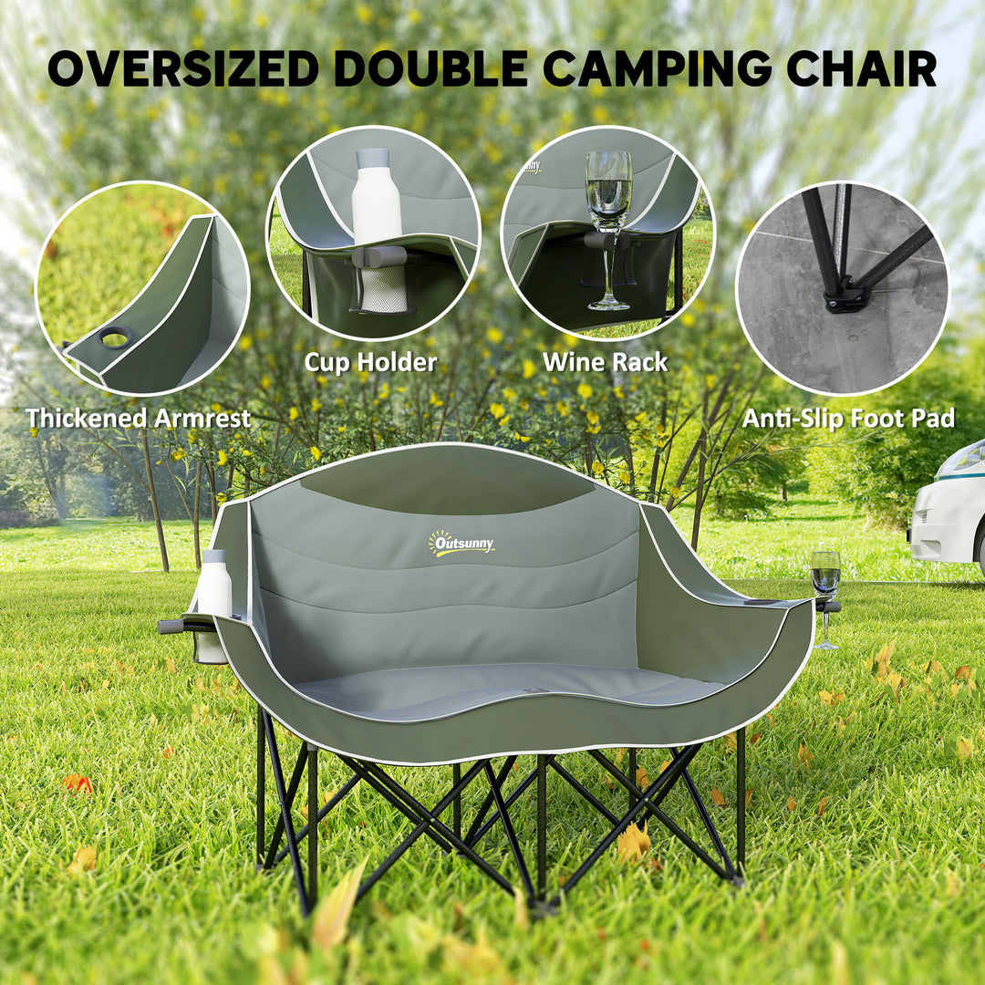 Double Camping Chair for Adults with Armrests, Heavy Duty Oversized Padded Folding Chair with Carry Bag, Cup Holders for Outdoor Hiking Picnic Camping Fishing, 250kg Capacity, Green
