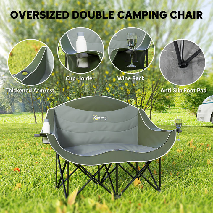 Double Camping Chair for Adults with Armrests, Heavy Duty Oversized Padded Folding Chair with Carry Bag, Cup Holders for Outdoor Hiking Picnic Camping Fishing, 250kg Capacity, Green