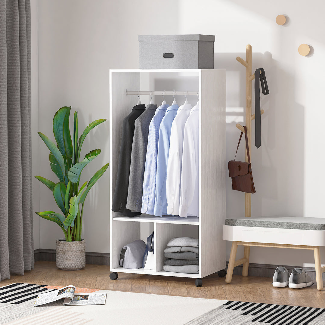MCL Open Wardrobe on Wheels, Bedroom Wardrobe with Clothes Hanging Rail, 2 Storage Shelves, Mobile Garment Rack for Cloakroom, Hallway, White