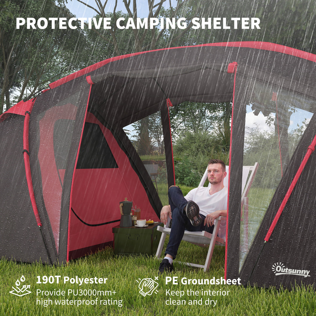 4-6 Man Family Camping Tent w/ 2 Bedrooms and a Living Room, Waterproof Tunnel Tent w/ Sewn In Groundsheet, Doors, Windows, Carry Bag, Grey