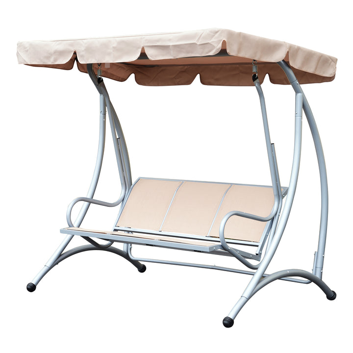 3 Seater Garden Swing Seat Bench Steel Swing Chair with Adjustable Canopy for Outdoor Patio Porch - Beige
