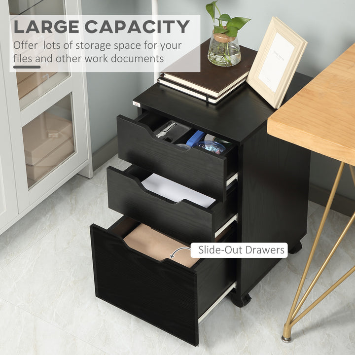 HOMCOM 3-Drawer File Cabinet Under Desk Office Storage Cabinet A4/Letter/Binders Movable W/ Slide Wheels Black Oak Color