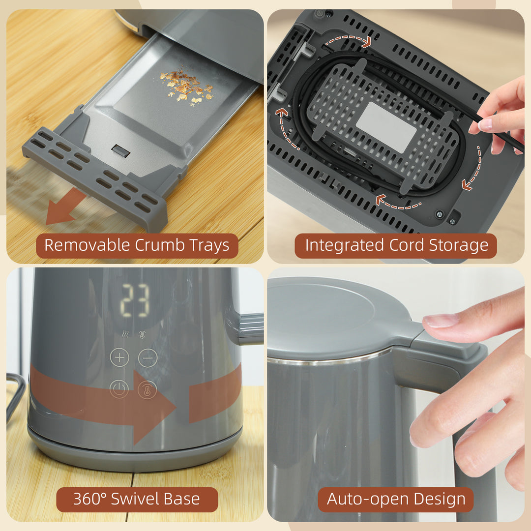Digital Kettle and Toaster Set, 1.5L 3000W Fast Boil Kettle, 2 Slice Toaster Kitchen Set with 7 Level Browning Controls, Defrost, Reheat, Keep Warm, Crumb Tray and LED Touch Display, Grey