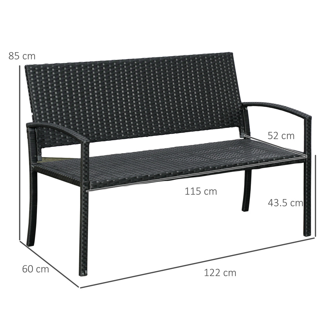 2 Seater Poly Rattan Garden Bench, All Weather Wicker Garden Loveseat, Outdoor Seating Bench with 240 Load Capacity, Backrest and Armrests for Patio, Terrace, Balcony, Black