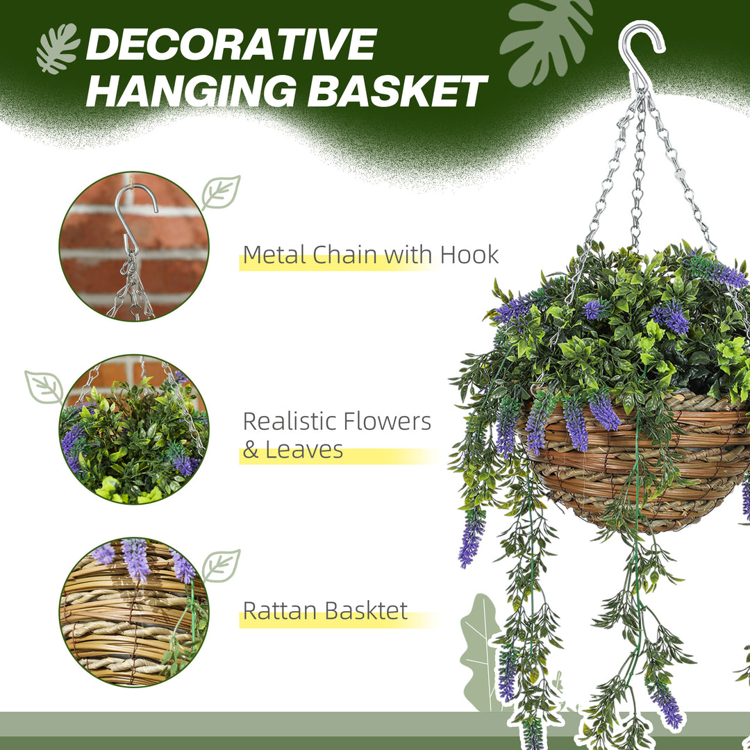 Set of 2 Decorative Artificial Plants, Faux Silk Lavender Flowers in Hanging Baskets, Fake Plants for Home Indoor Outdoor Decor, Purple